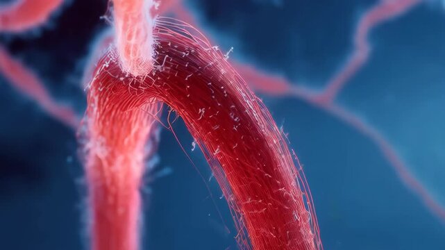 Close-up view of abstract vascular network with capillaries on a blue background, portraying human blood vessels for scientific illustration.