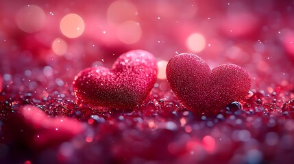 Two sparkling heart shaped objects amidst crimson jewels and soft bokeh lights