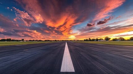 Naklejka premium Straight asphalt ramp beneath golden hour clouds glowing in orange and peach