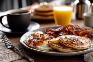 A plate of pancakes, eggs, bacon, and coffee on a table