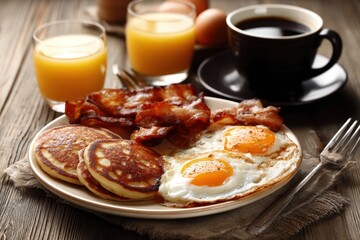 A plate of pancakes, eggs, bacon, and coffee on a table