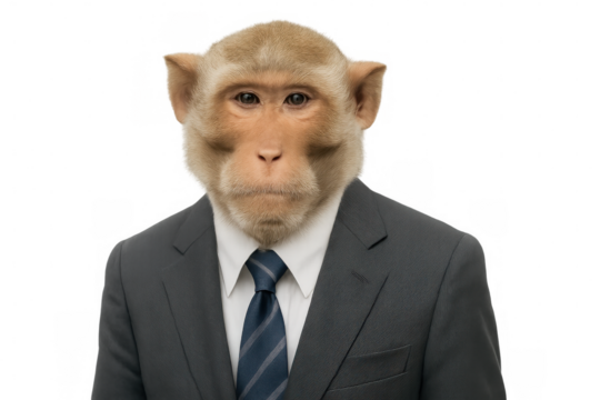 Monkey businessman wearing suit and tie on transparent background, embodying the concept of absurd corporate culture - Powered by Adobe