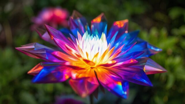 Flor colorida em formas geom&eacute;tricas tridimensionais com efeito de vidro transl&uacute;cido desabrochando 