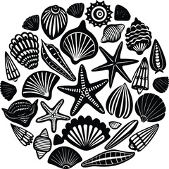 Fototapeta premium A circular arrangement of black and white seashells and starfish
