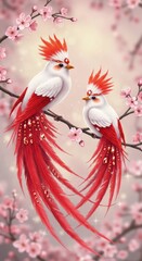 Exotic bird couple amidst ethereal blossom tree with radiant feathers