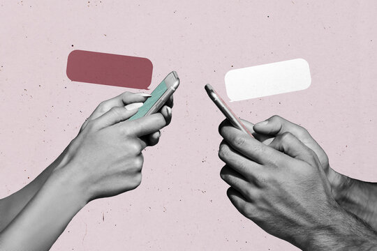Trendy art creative full zine photo collage of hands type message communication networking hold phone chatterbox messenger
