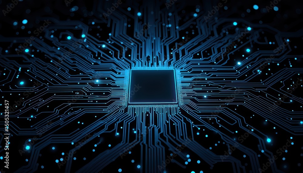 Poster detailed closeup of a complex circuit board with central processing unit intricate