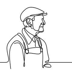 Obraz premium Elderly man in overalls and cap illustrated in one line art style, elderly worker