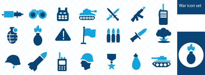 War icon set . battle, weapon, conflict, missile, bomb, combat, army, tank, medal, veteran, victory, defeat, explosion and soldier symbol