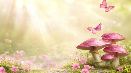 Glittering pink mushrooms and butterflies in an ethereal meadow with soft light rays, floral ground cover and magical fantasy ambiance

