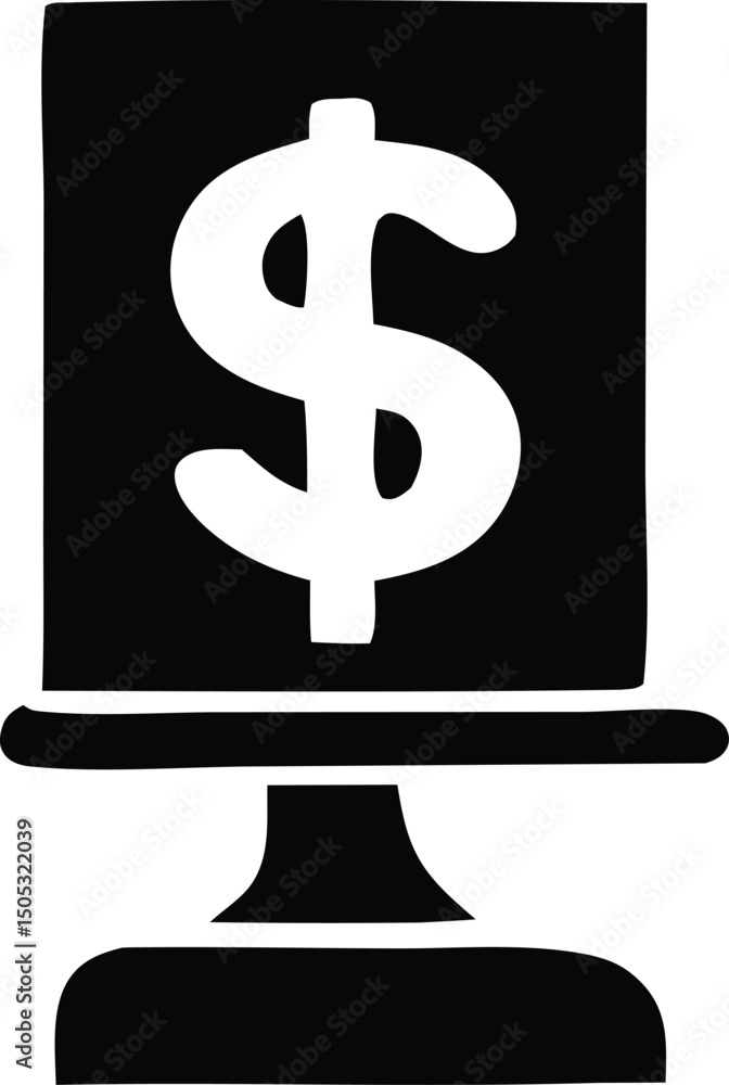 Poster a simple black and white illustration of a computer monitor displaying a dollar sign