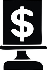 A simple black and white illustration of a computer monitor displaying a dollar sign
