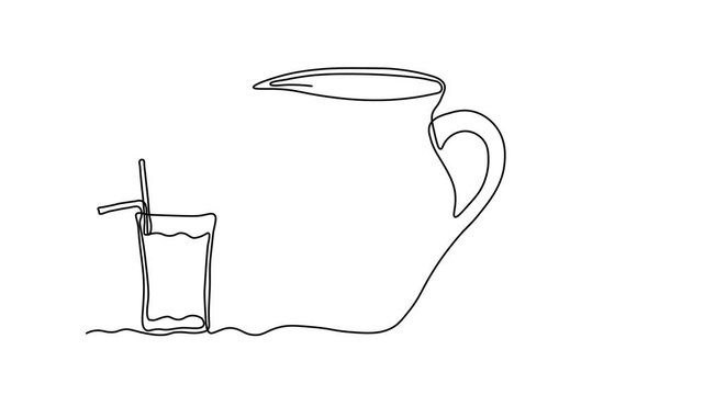 Abstract jug, pitcher for cherry juice and glass with straw, Self drawing animation one continuous line draw, logo