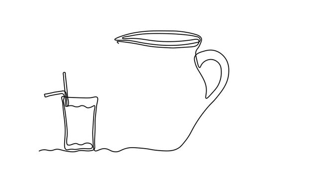 Abstract jug, pitcher for cherry juice and glass with straw, Self drawing animation one continuous line draw, logo