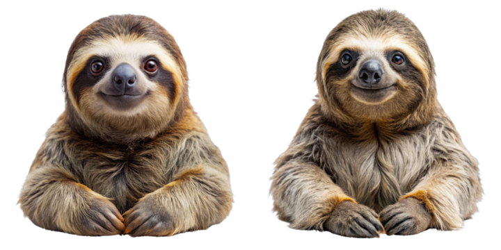 Two Smiling Sloths Isolated on Transparent Background, Animal, Wildlife, Sloth, Mammal, Cute