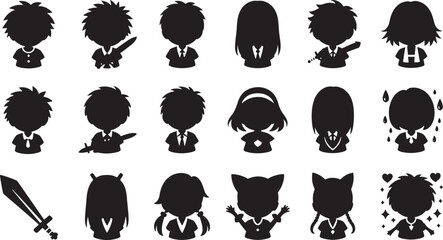 Black silhouette illustrations of various characters and emotive expressions in a simple style