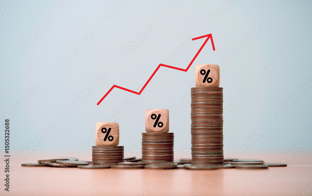 Poster increasing coins stacking with percentage and up arrow for money saving to get interest and dividend
