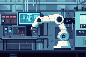 Automation robot arm at work in a modern intelligent factory setting, automation robot arm machine in intelligent factory industry on real-time monitoring system software