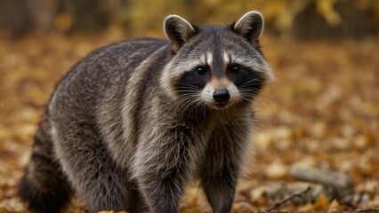 Obraz premium Close-Up of Raccoon in Autumn Forest With Fallen Leaves, The image highlights the curious nature and detailed fur texture of this adorable woodland creature.