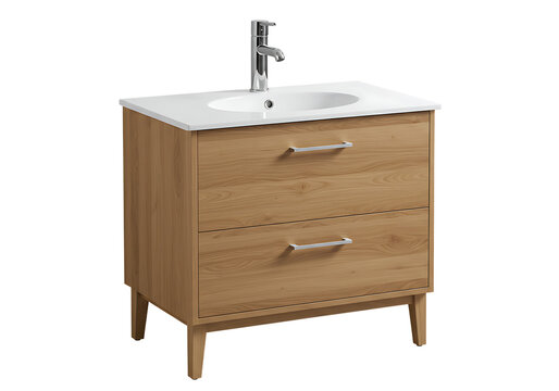Modern wooden bathroom vanity with ceramic sink and chrome faucet Isolated on transparent background