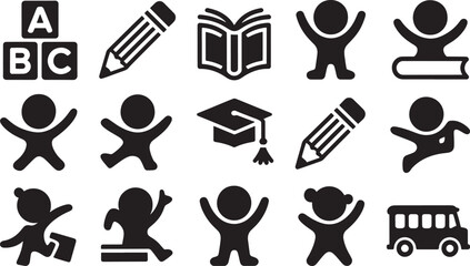 Simple black and white school education icons featuring kids and learning elements
