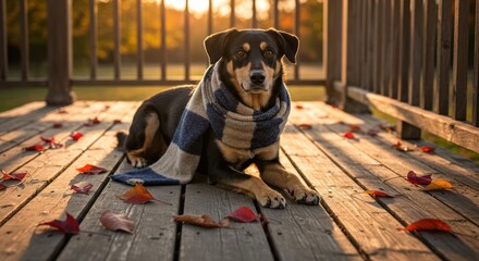 Dog wrapped in warm scarf lounging on wooden deck amidst autumn leaves
