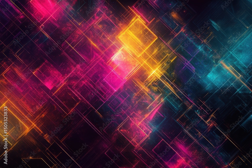 Poster Vibrant neon geometric patterns create a stunning abstract display of colorful lines and squares, Neon colorful geometric liens and squares, abstract futuristic, cyber and music style background