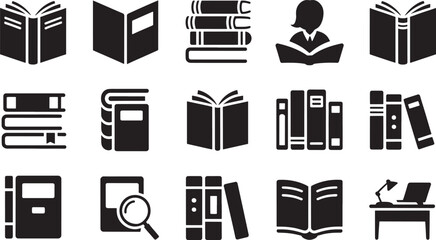 Various illustrated books and reading related icons in simple monochrome black and white