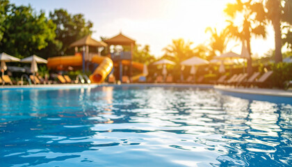 Close-up blurred backdrop of water in hotel swimming pool with aqua park. Summer vacation, holiday