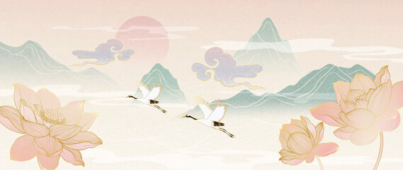 Luxury lotus flower gold line background vector. Elegant pink lotus flowers with oriental lotus flower, leaf, mountain, cloud, crane bird. Design for decor, wallpaper, product, banner, card, backdrop.