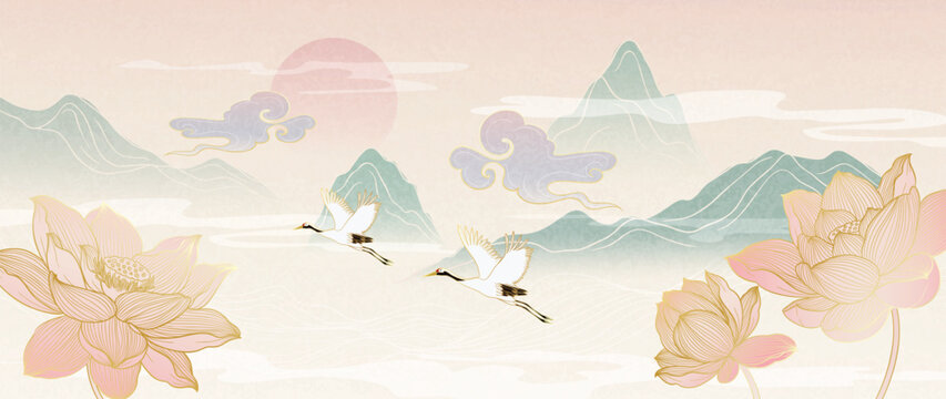 Luxury lotus flower gold line background vector. Elegant pink lotus flowers with oriental lotus flower, leaf, mountain, cloud, crane bird. Design for decor, wallpaper, product, banner, card, backdrop.