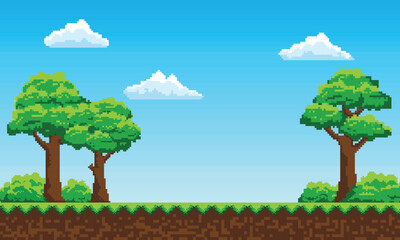 illustration of Cartoon landscape retro pixel art 8 bit style game interface design background