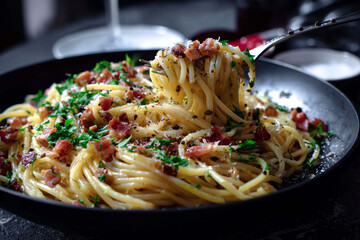 a delicious dish of spaguetti carbonara ready to eat --