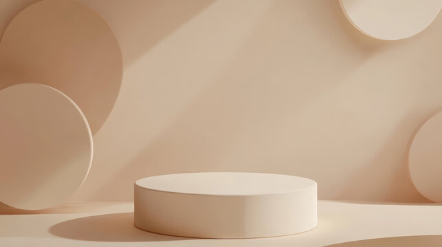 Fototapeta Minimalist Beige Podium Background. An aesthetic, minimalist background with a podium for product display or presentation. The podium is surrounded by circular shapes.