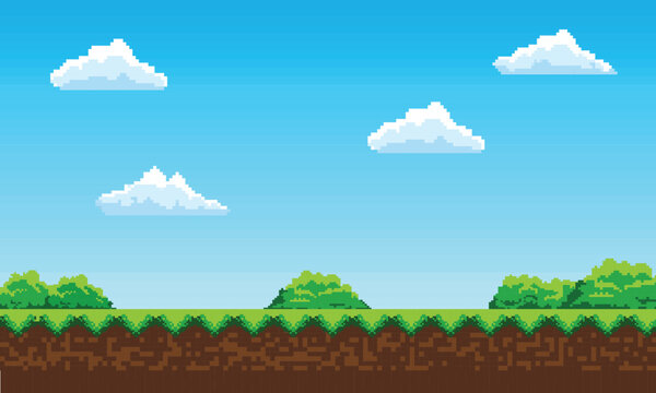 illustration of Cartoon landscape retro pixel art game interface design background