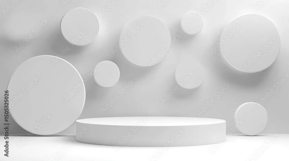 Poster white pedestal podium with geometric circles. a minimalistic white pedestal podium with floating cir