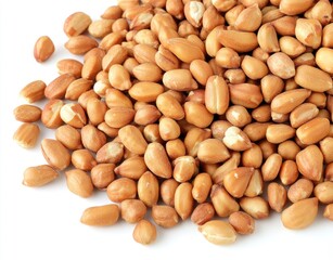 A large pile of unpeeled, light brown peanuts sits on a stark white background, showcasing their texture and shape