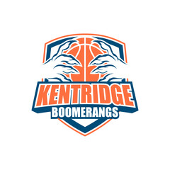 The image showcases nine basketball-themed logo designs for a team called “Kentridge Boomerangs.” Each logo incorporates a basketball with aggressive or supernatural hands, claws, 