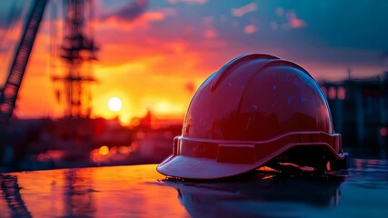 video of A stunning image of an engineering helmet at sunset, representing civil construction.