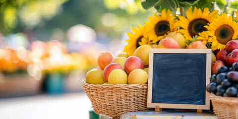Empty chalkboard with wooden frame near baskets of fresh fruits and sunflowers at farmers market. Local produce and farm market concept. Image for banner, poster, menu, advertisement with copy space.