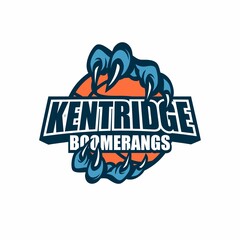 The image showcases nine basketball-themed logo designs for a team called &ldquo;Kentridge Boomerangs.&rdquo; Each logo incorporates a basketball with aggressive or supernatural hands, claws, 