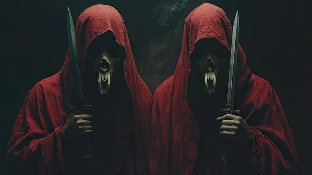 video of Mysterious figures in red hooded cloaks stand in the darkness, holding ritual daggers and a goat skull. Their faces are hidden in shadow, surrounded by Satanic symbols 
