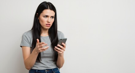 Fototapeta premium Young woman looking confused while holding smartphone indoors 