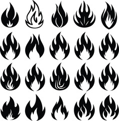 Twenty diverse black flame icons collection for design projects