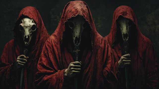 video of Mysterious figures in red hooded cloaks stand in the darkness, holding ritual daggers and a goat skull. Their faces are hidden in shadow, surrounded by Satanic symbols 