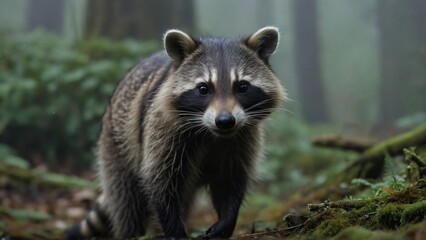 Curious Raccoon Exploring a Forest in Misty Early Morning Light. The surroundings evoke a tranquil and mysterious ambiance, perfect for depicting nature and wildlife.