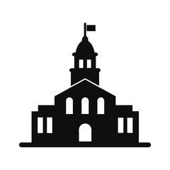 Black silhouette of a classical government building with a flagpole on top