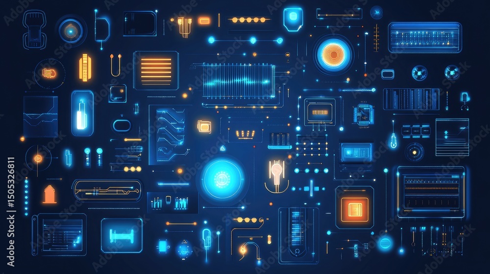 Poster futuristic ui elements, glowing digital interface components