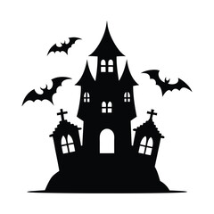 Spooky halloween haunted house with bats black silhouette illustration vector