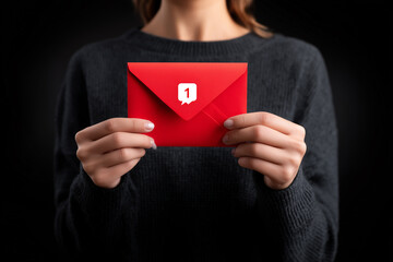 Woman holding a red envelope with one unread message notification, symbolizing online communication and new message alert.
